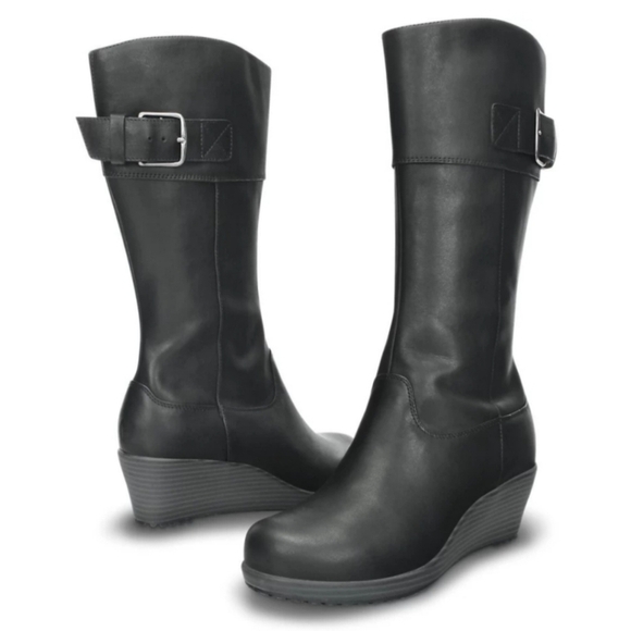 Crocs A-leigh Aleigh Black Leather Tall Equestrian Riding Wedge